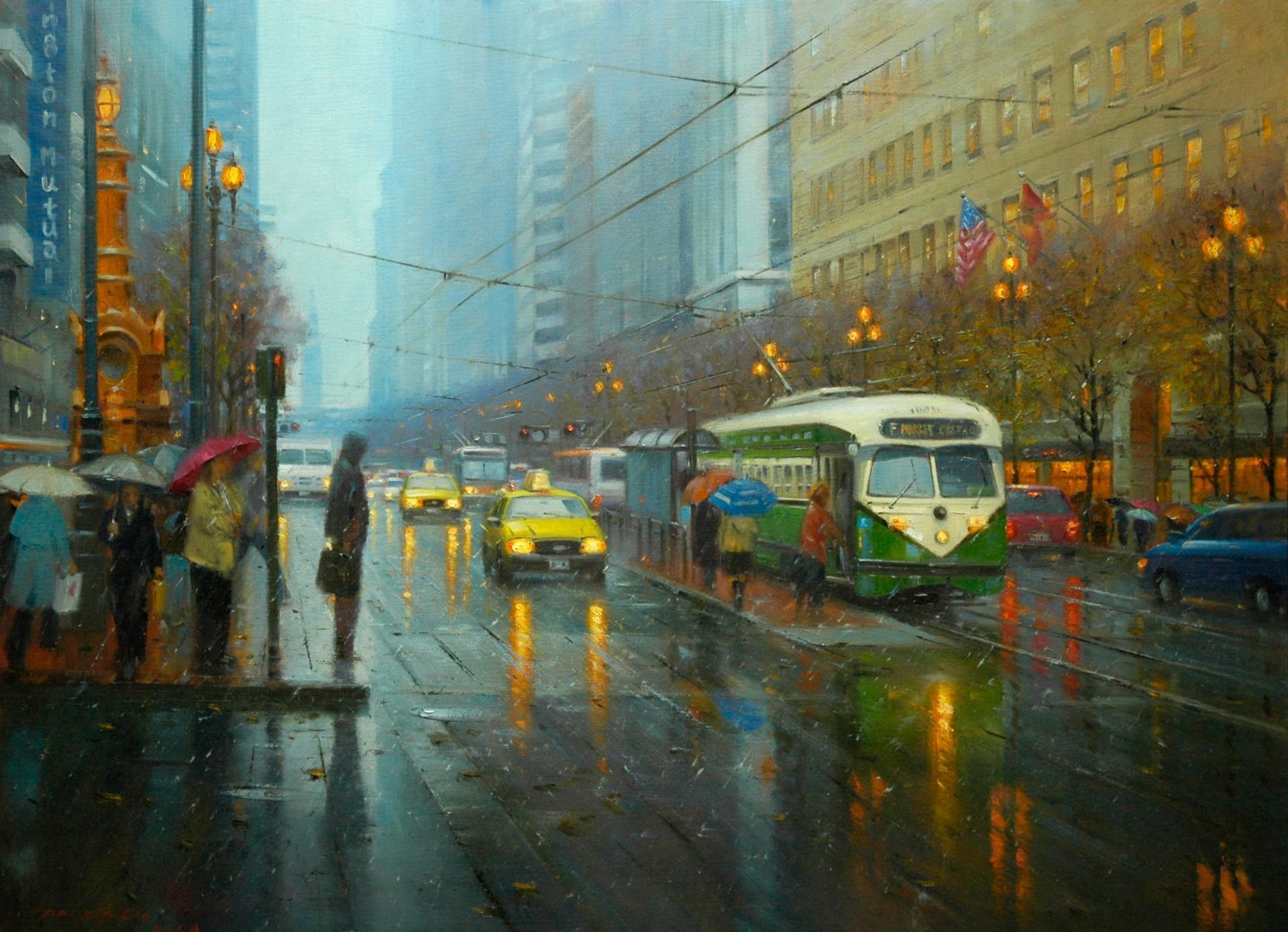 pintura arte por pin lin calle ciudad lluvia tranvía personas paraguas taxi luces linternas semáforo coches carretera cables banderas américa