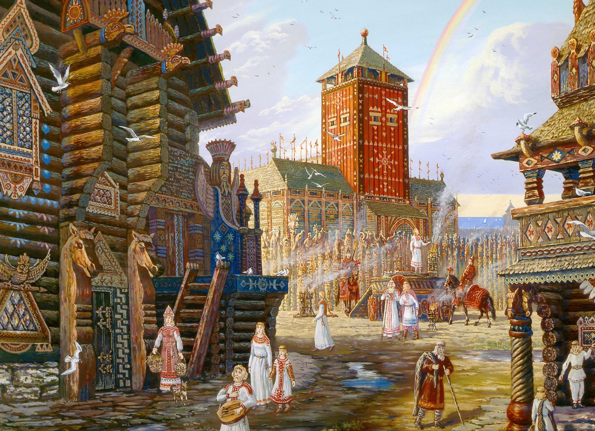 vsevolod ivanov regenbogen über dem arkon stadt arkona baltische rus schön gemalt häuser regenbogen malerei russische folklore kunst