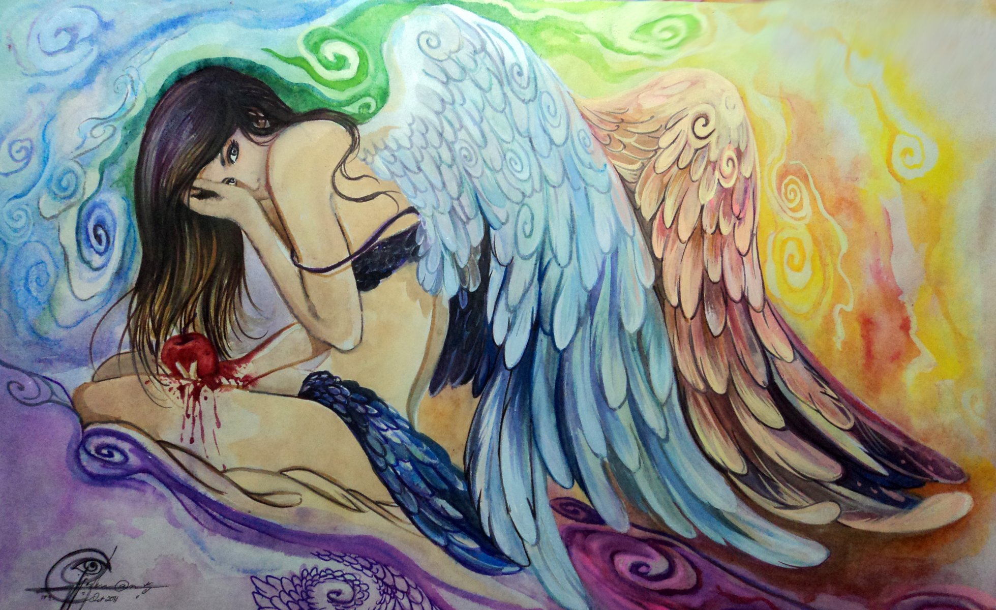 painting girl angel wings sitting pose hands view face hair