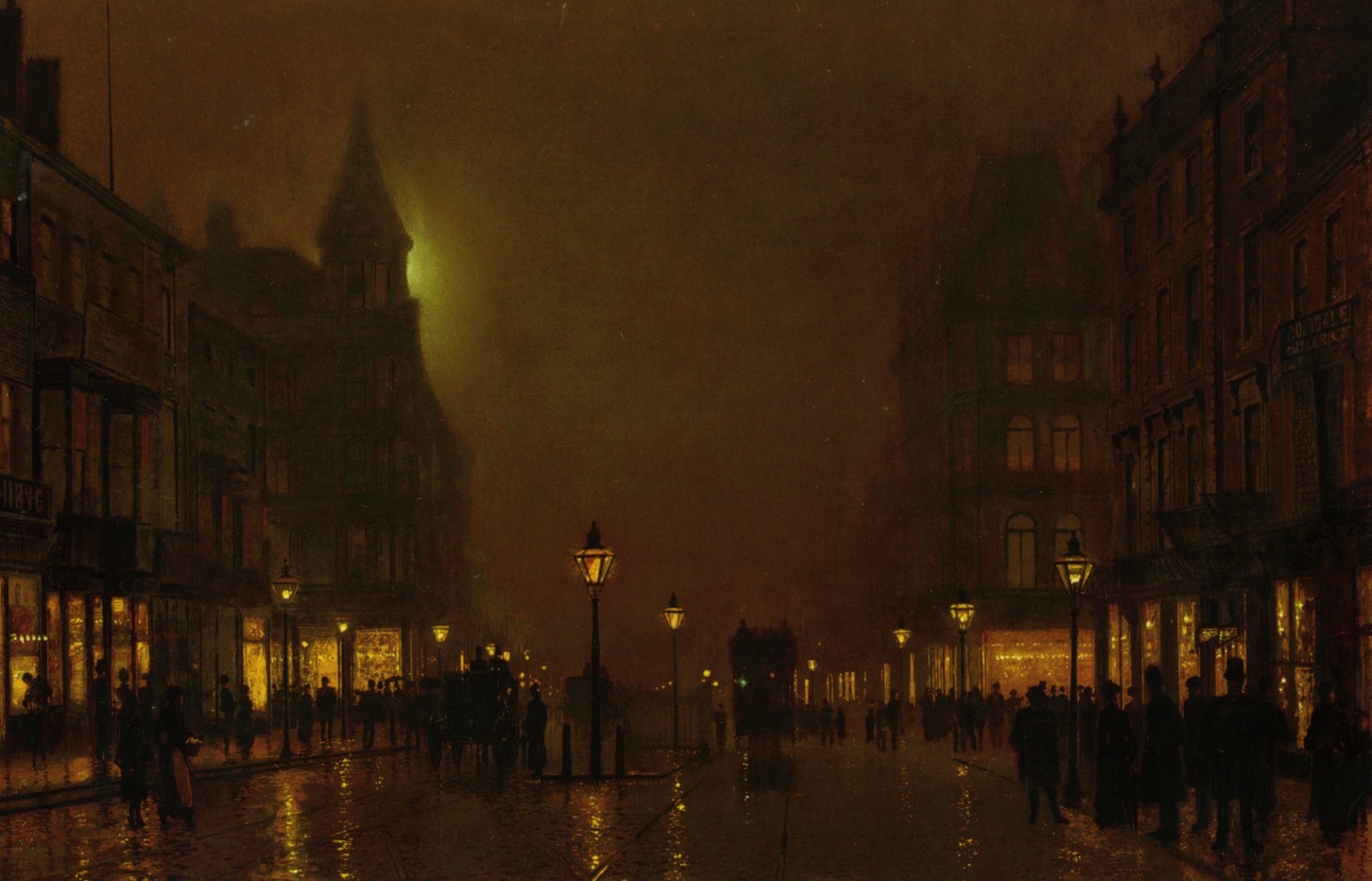 pintura john atkinson grimshaw ciudad noche linternas calle casas personas carruajes escaparates pavimento luz