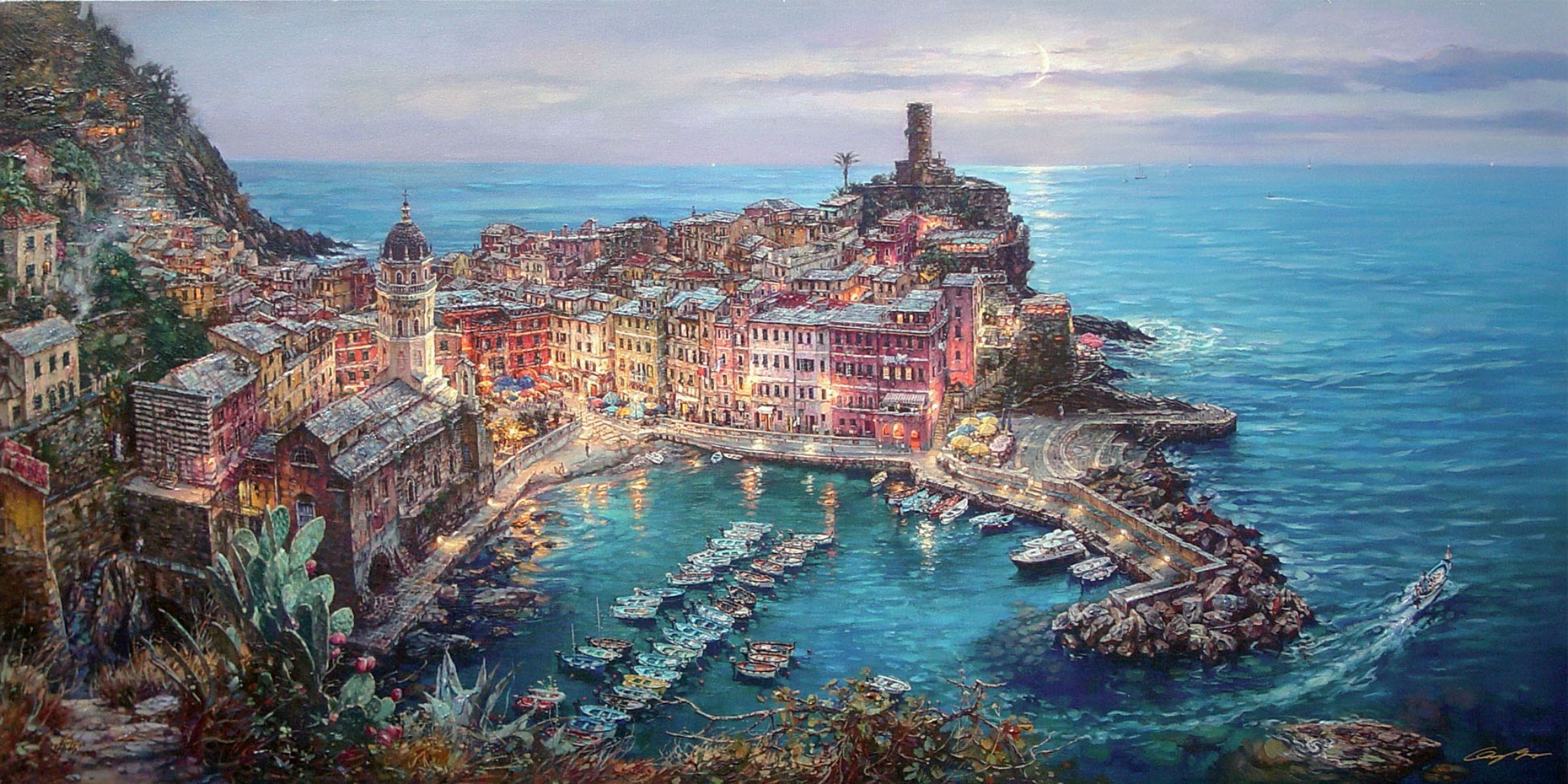 cao yun luz de luna en vernazza pintura mar mediterráneo vernazza italia muelle barcos ciudad casas catedral luz de luna