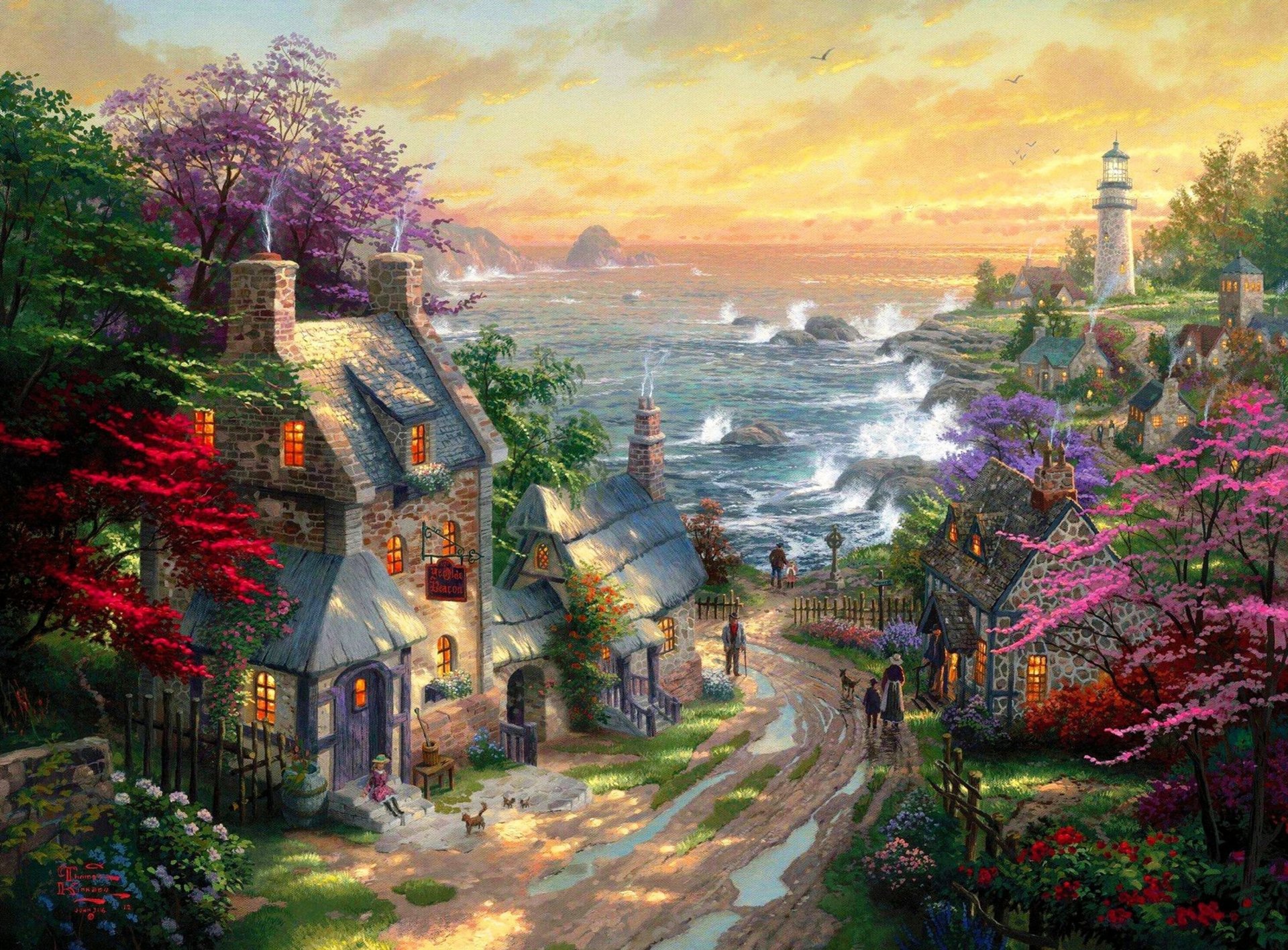 thomas kinkade the village lighthouse painting village house homes sea lighthouse road pool