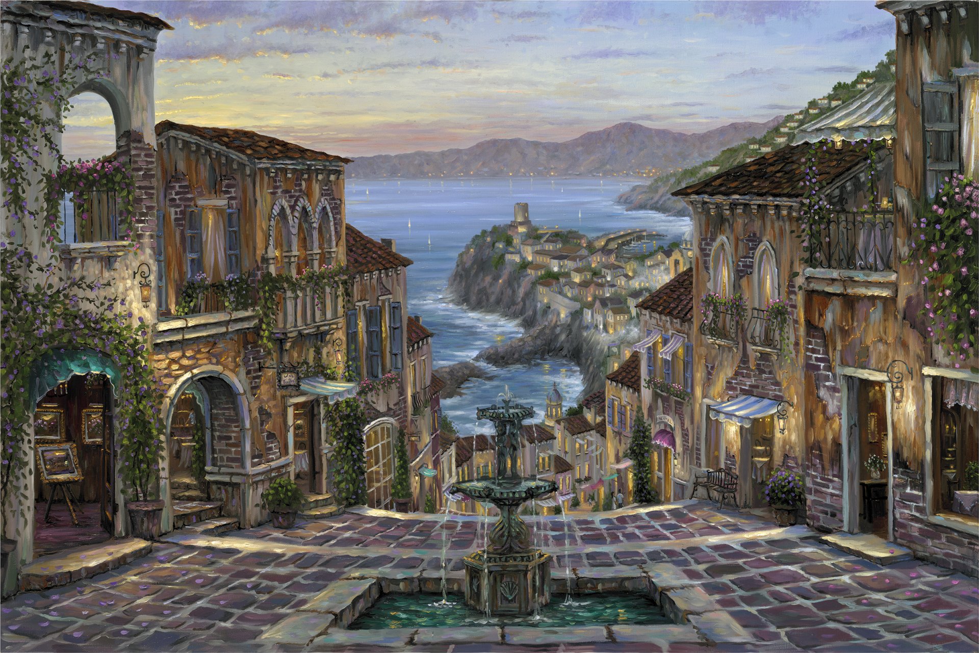 robert finale été à vernazza peinture italie vernazza riviera italienne mer côte fontaine soirée maisons peintures fleurs tissées