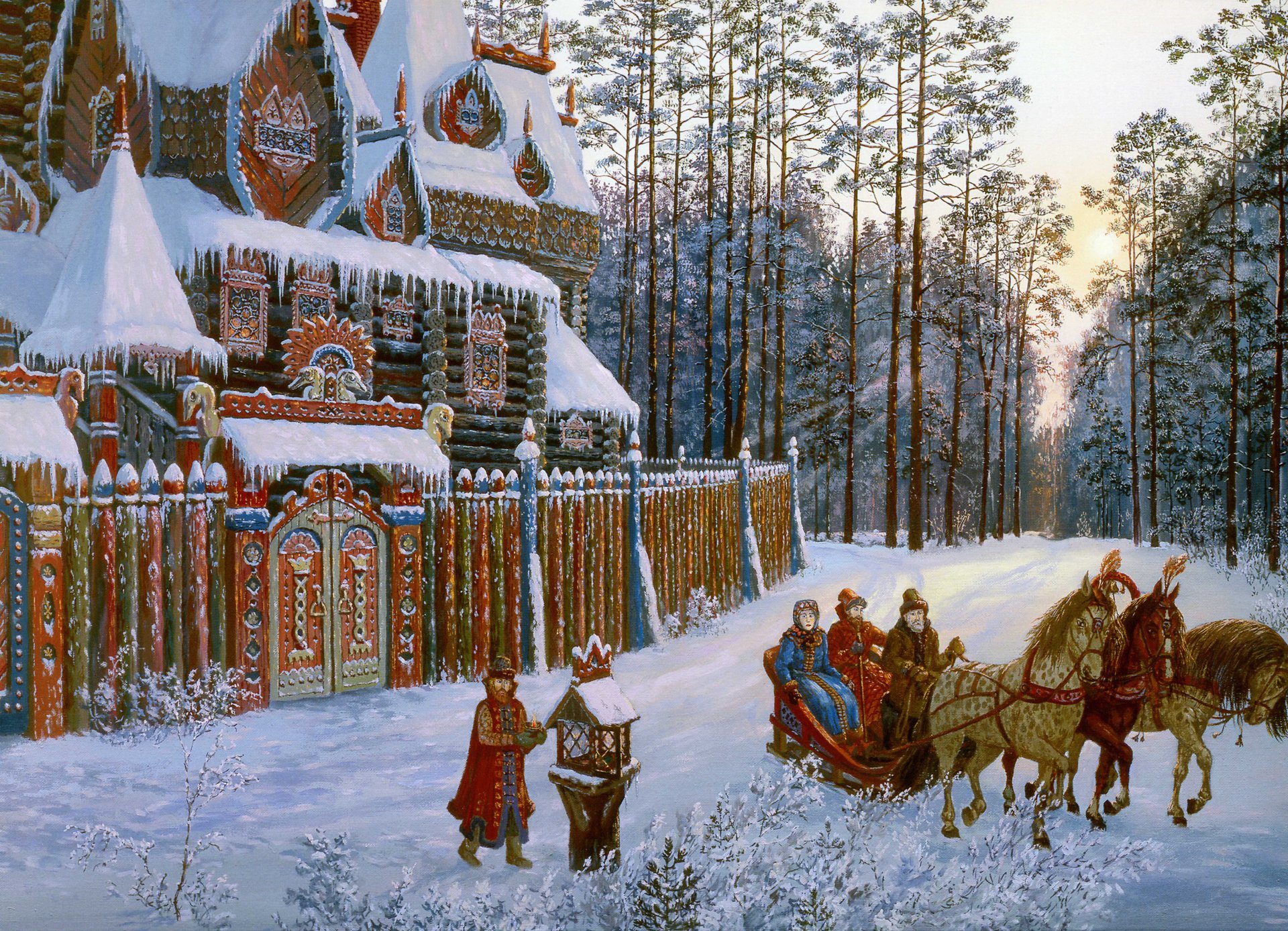 russische russische folklore winter schnee wald kiefern dämmerung haus russische architektur drei pferde vsevolod iwanow abendmahl spazieren russische folklore haus russische architektur drei pferde