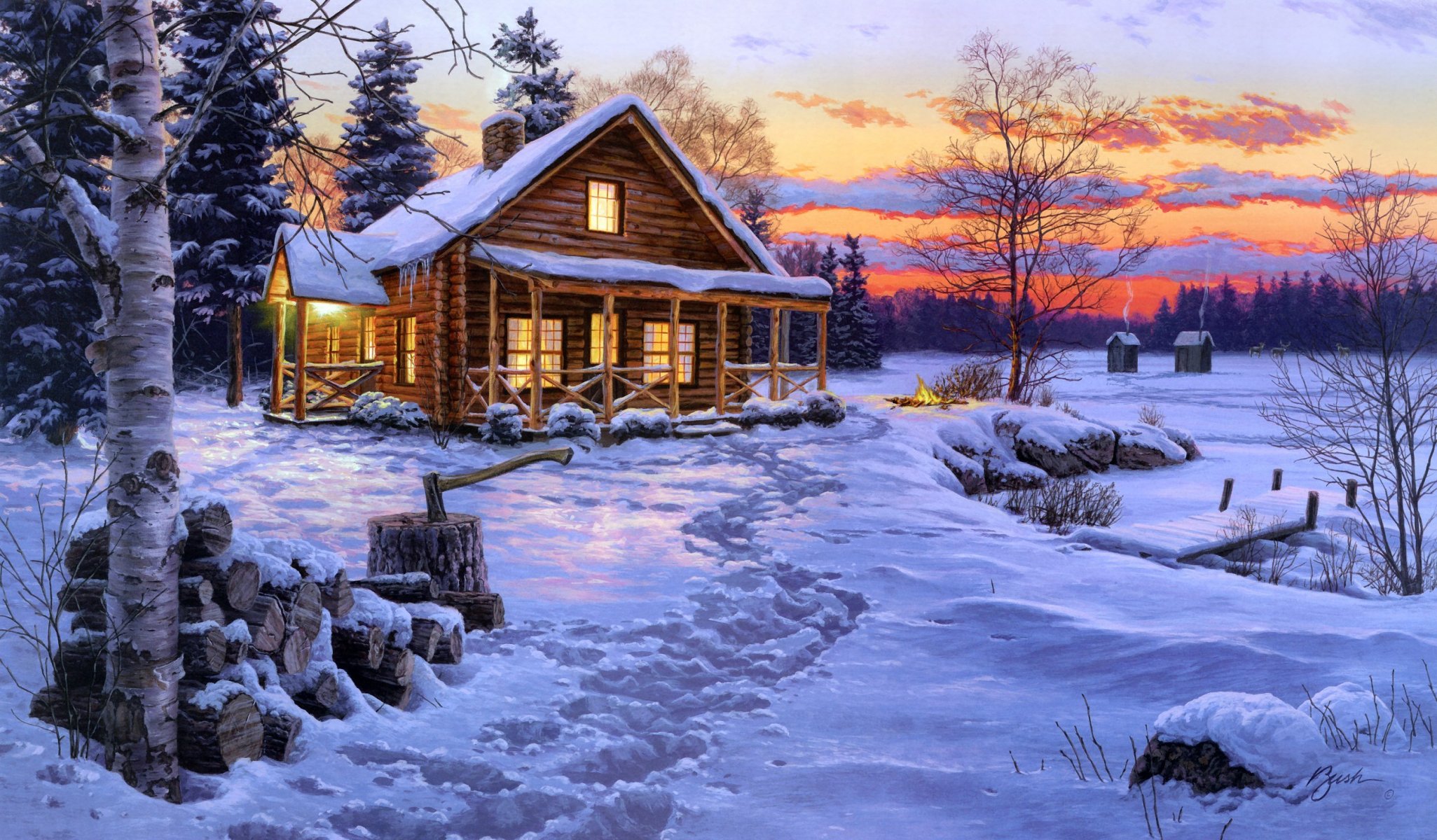 darrell bush winter bliss painting winter snow hut house evening fire bonfire spruce birch firewood axe bli