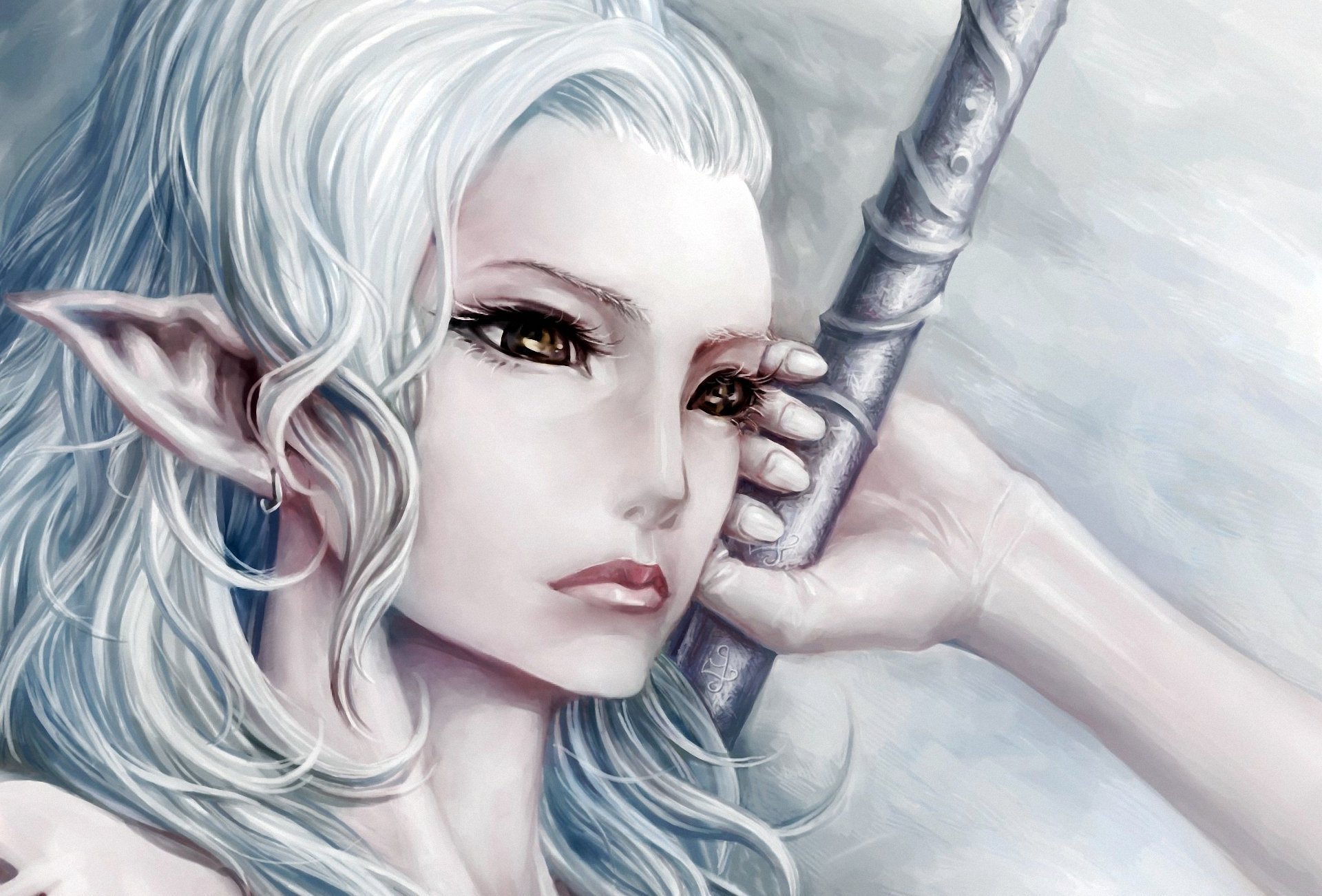 art youtsuu fantasy elf leather white hair