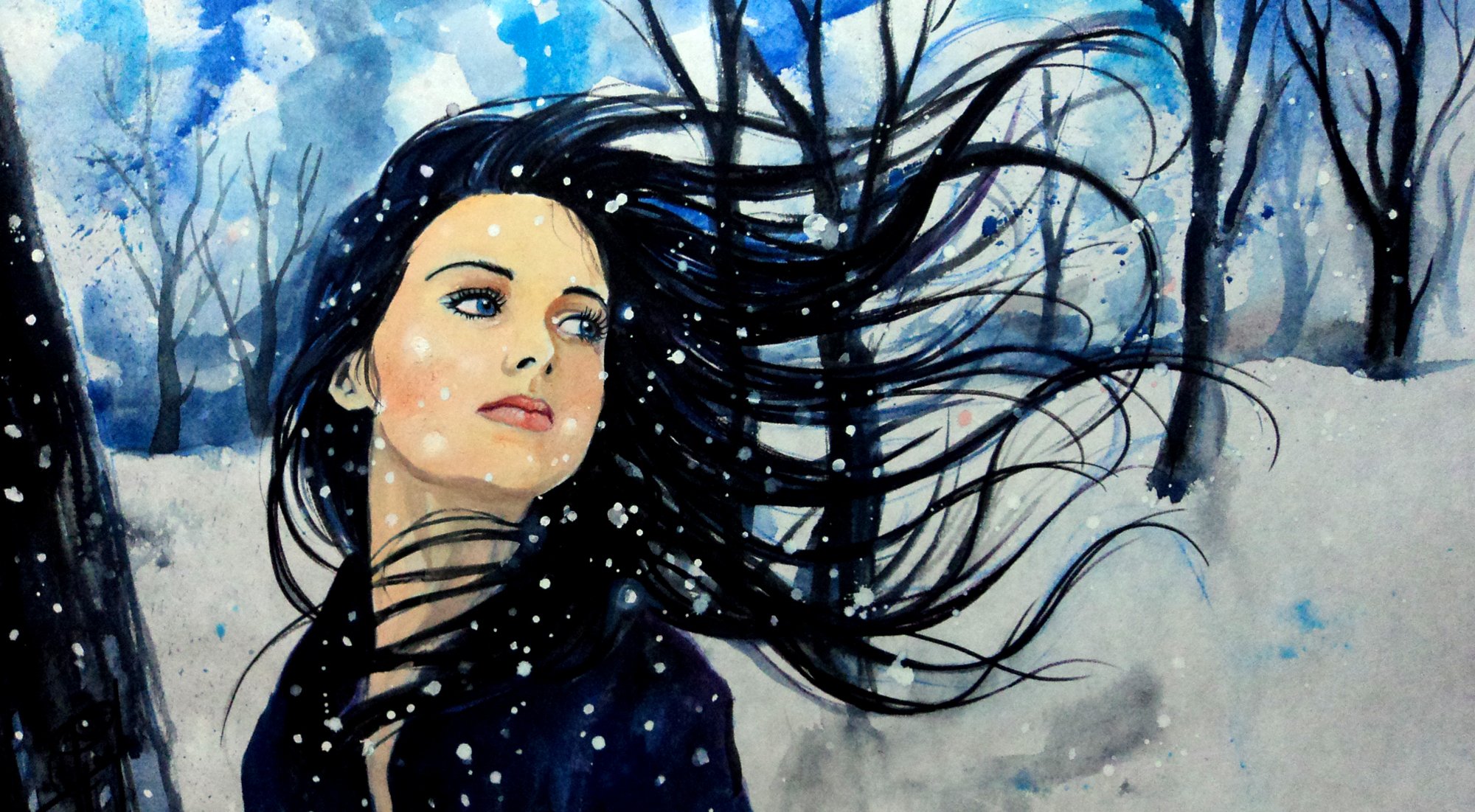 pintura arte chica cara mirada ojos azules pelo viento invierno nieve árboles cielo