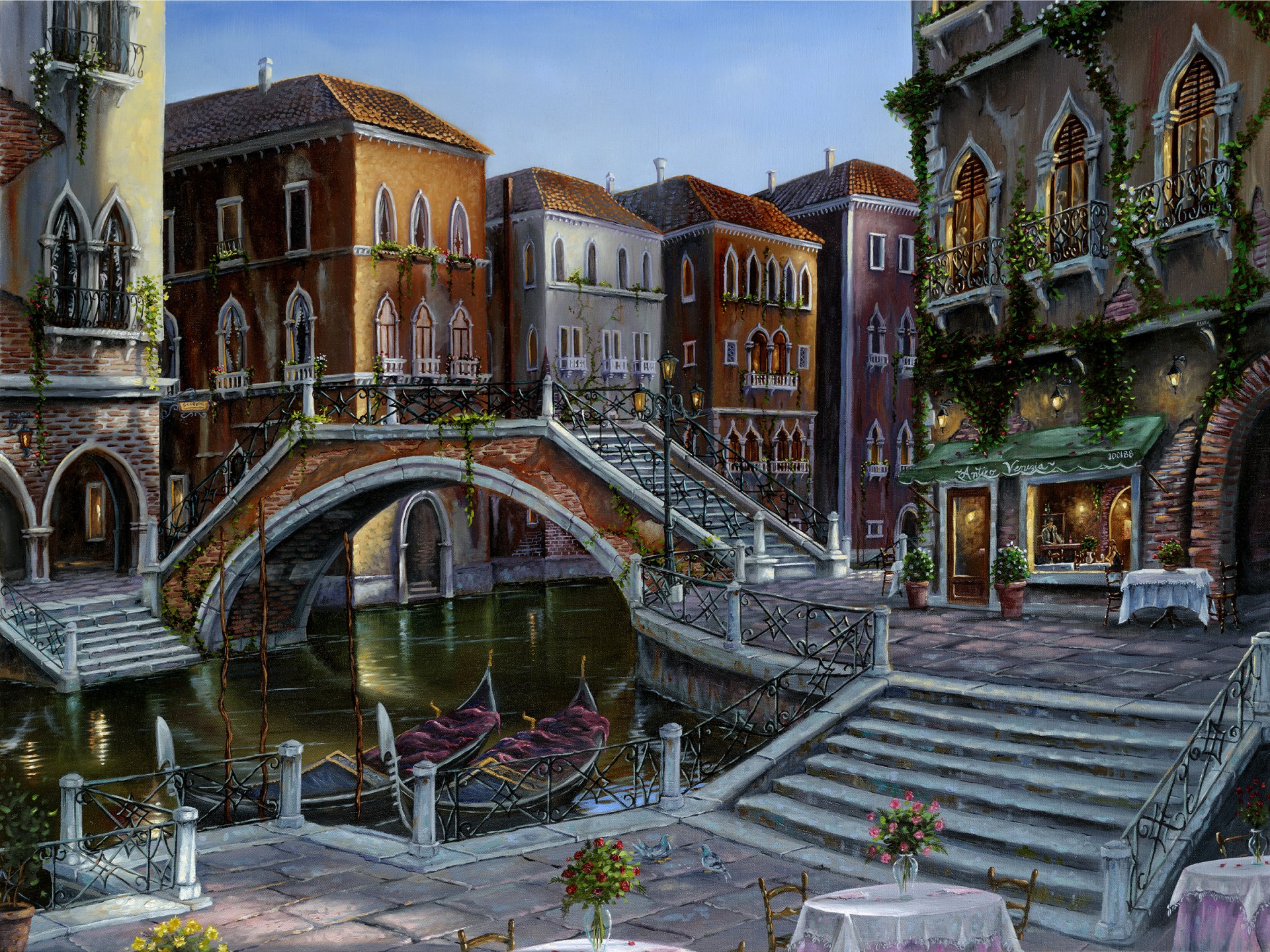 robert finale venician sunrise painting italy venice bridge channel gondola cafe table flower vase stairs degree