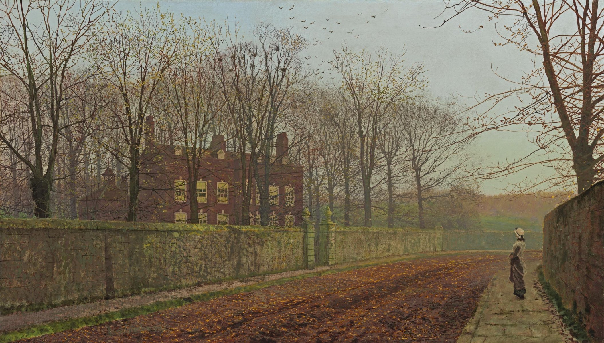 malerei john atkinson grimshow herbst straße straße haus mädchen bäume zaun zweige vögel