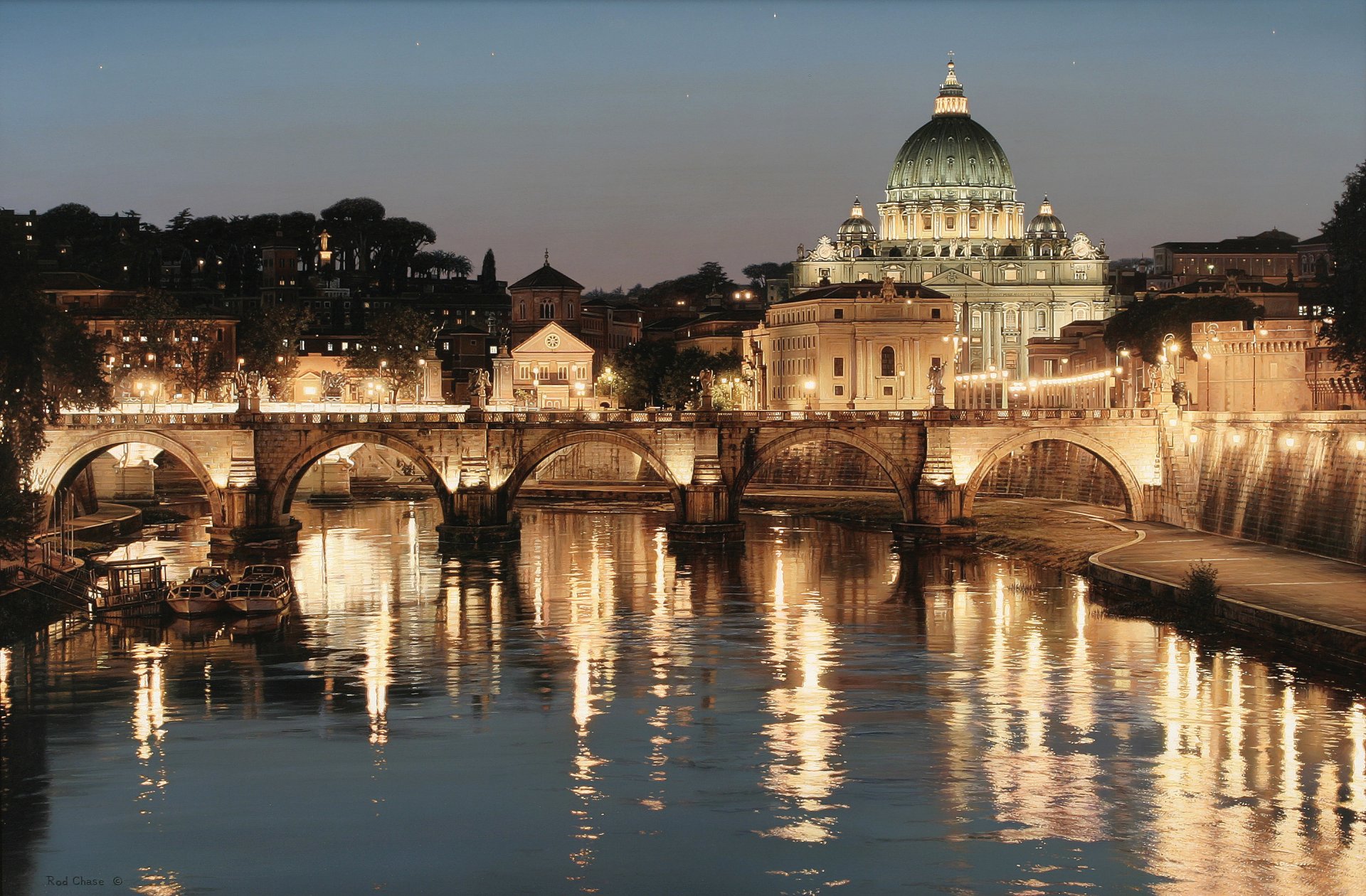 rod chase gloria de san pietro arte basílica catedral de san pedro italia ciudad roma río tíber puente luces