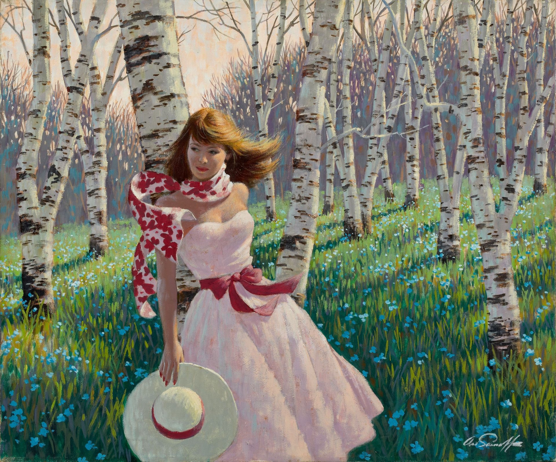 arthur sarona sarnow bosque de abedul pintura niña vestido rosa bosque abedules primavera flores