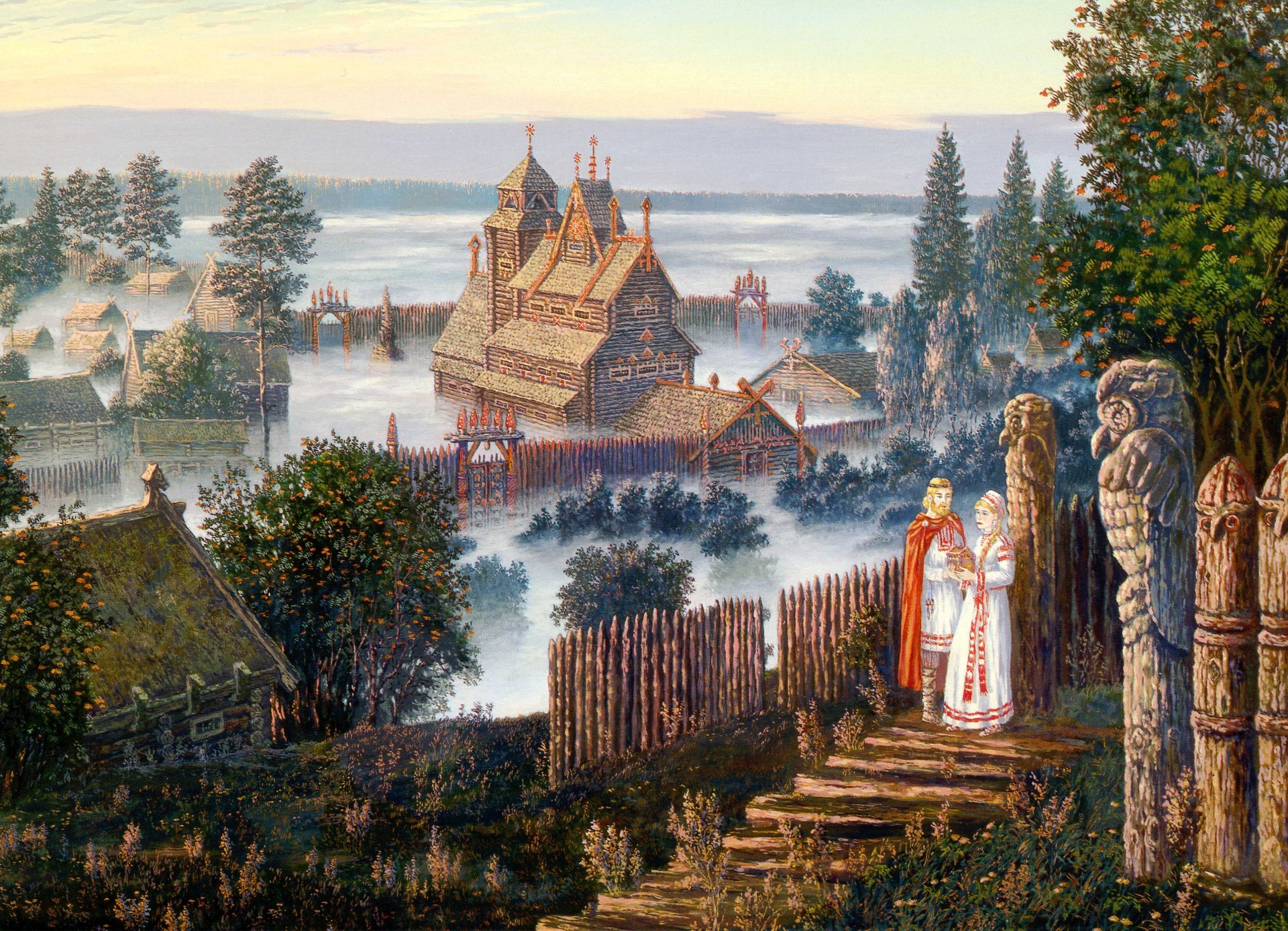 vsevolod ivanov bevorstehendes gespräch holz häuser vedischer tempel nebel hügel mann frau schatulle sommer eberesche russische folklore slawische malerei kunst