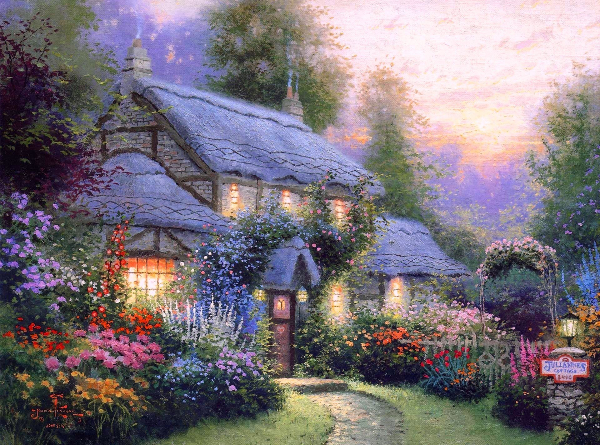 thomas kinkade kincaid summer cottage house night flower comfort heat silence of mind