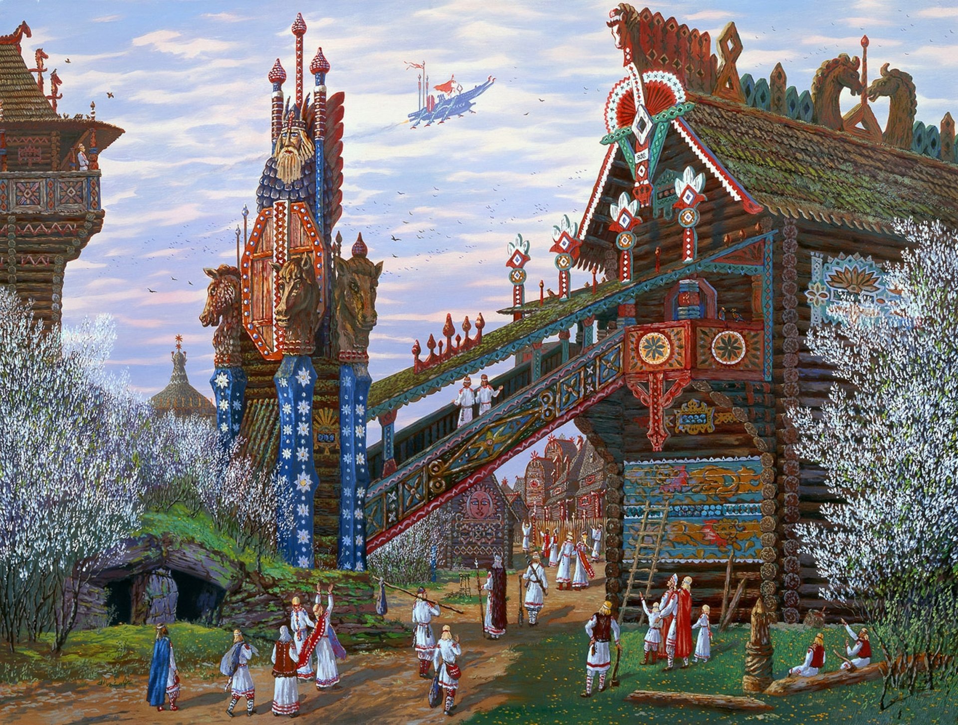 el príncipe rus voló en primavera vsevolod ivanov eslava pintura casas de troncos primavera floración extravagante carro celestial antiguo ciudad rusa arquitectura de madera