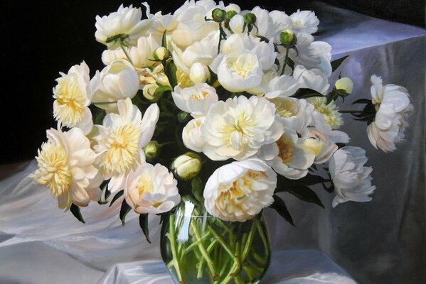 Still life of a bouquet of gorgeous peonies in a vase