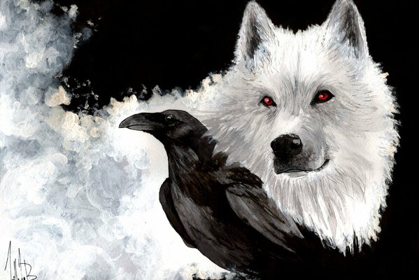 Loup blanc et corbeau noir