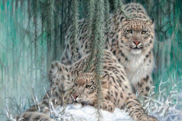 Winter painting of snow leopards