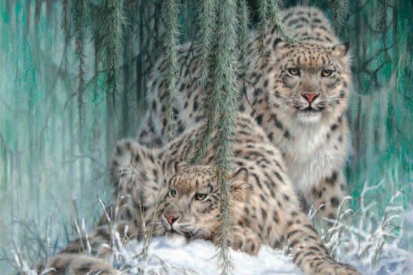 Pintura de invierno leopardos de las Nieves