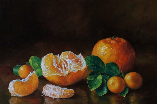 Pintura con mandarinas sobre la mesa