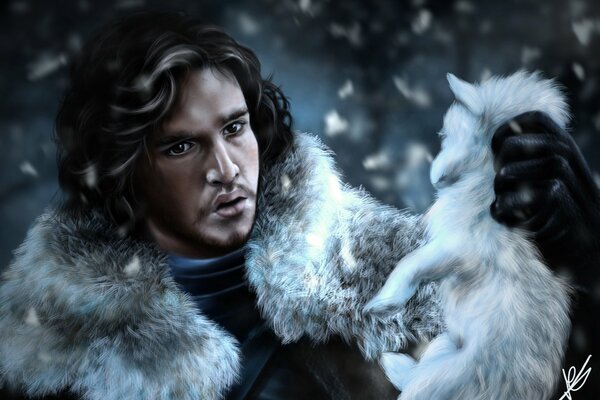 Game of Thrones. Jon Snow mit einem Wolf in den Händen