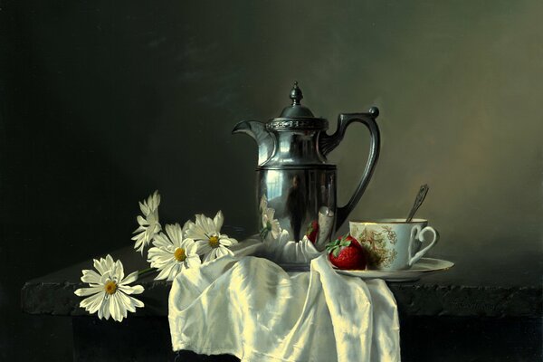 Metal coffee pot, porcelain cup, strawberries, daisies and silk