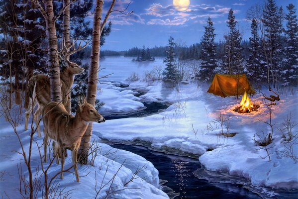 Malerei darrell Bush Winterlandschaft am Fluss mit Zelt und Hirschen im Wald Nacht