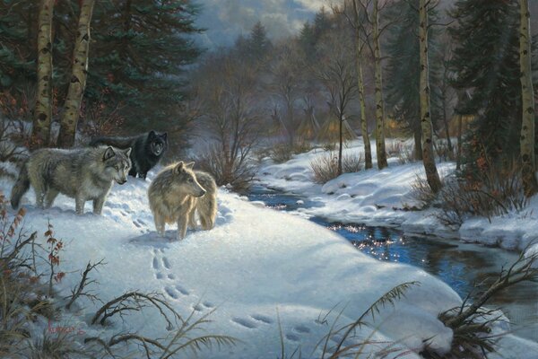Malerisches Bild in einem verschneiten Wald und einer Herde von Wölfen