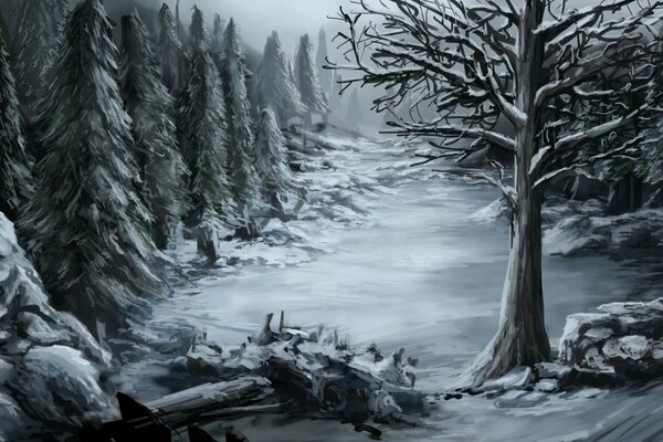 Snow forest art in cold colors