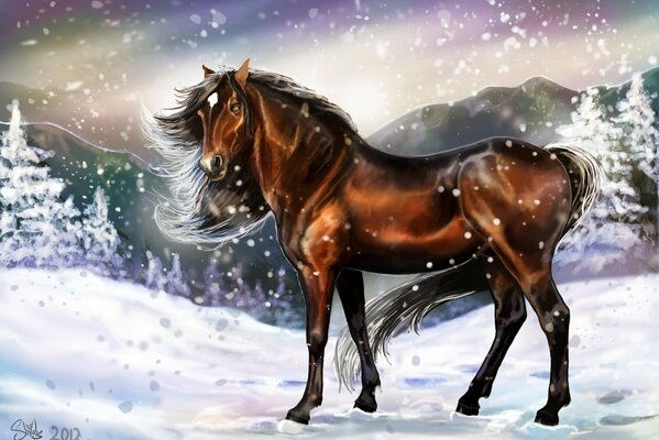 Rysunek koń stoi na śniegu