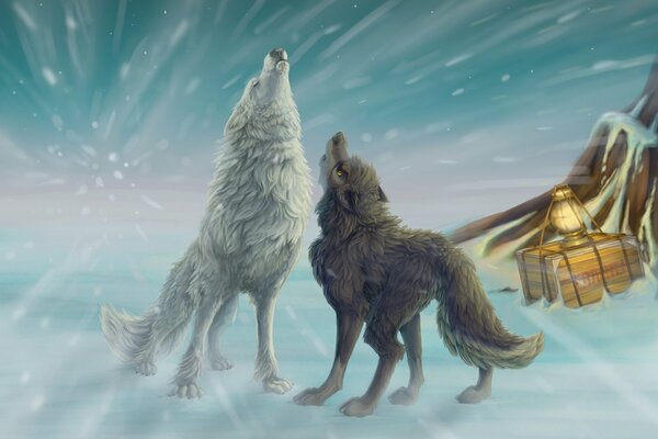 Loups hurlant en hiver dans une tempête de neige