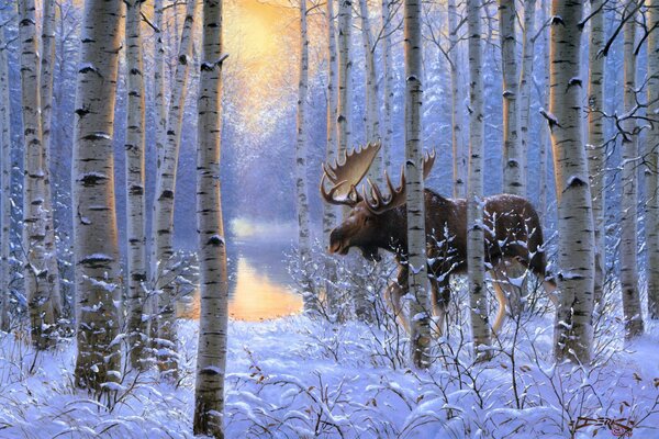 Ein Gemälde von Derk Hansen. Elch im Winter im Wald
