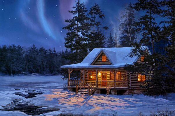 Noche de invierno sobre una cabaña de madera