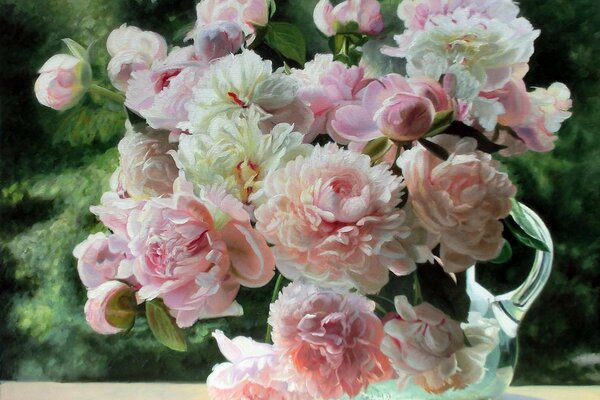 Beautiful delicate peonies in a vase