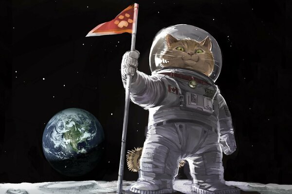 Кот космонавт с флагом в космосе на фоне планеты земля
