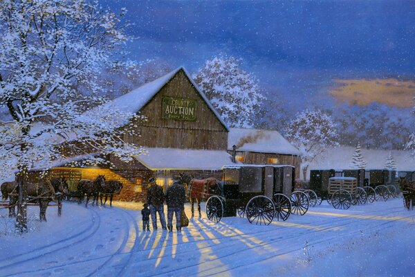 Vente aux enchères du soir Dave barnhouse peinture hiver avec des chevaux et des charrettes