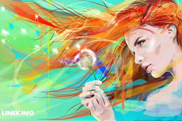 Red-haired girl with a dandelion in the graph