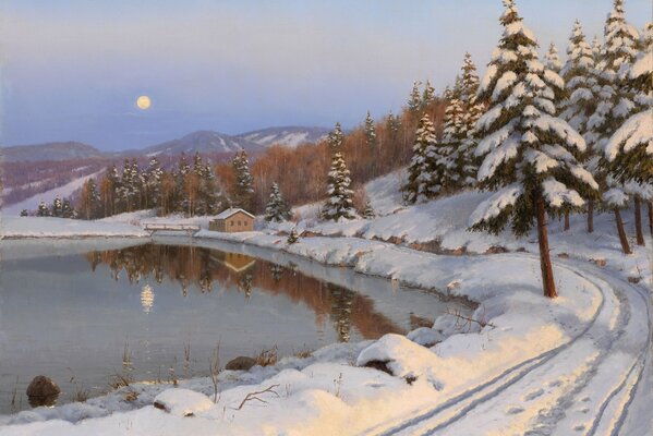 Pintura de Boris bessonov, paisaje invernal en el lago