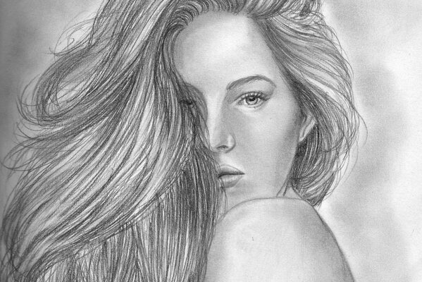 Disegno a matita di una ragazza con uno sguardo sopra la spalla