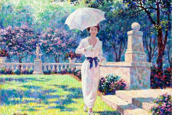 A woman in a white dress with an umbrella