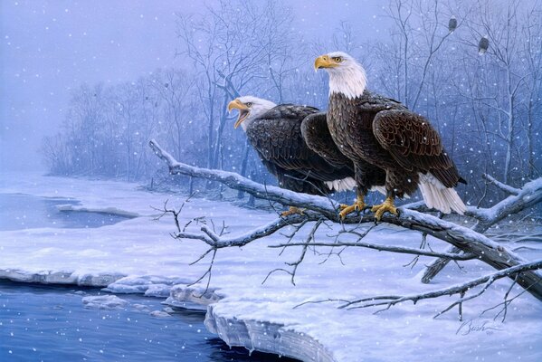 Peinture art hiver, rivière, absinthe aigles sur arbre