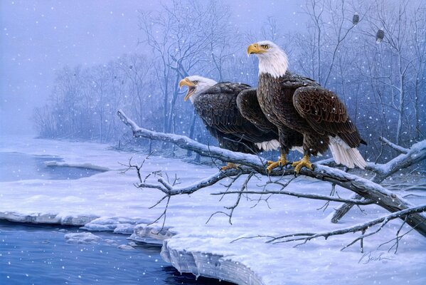 Malarstwo Sztuka zima, rzeka, piołun orły na drzewie