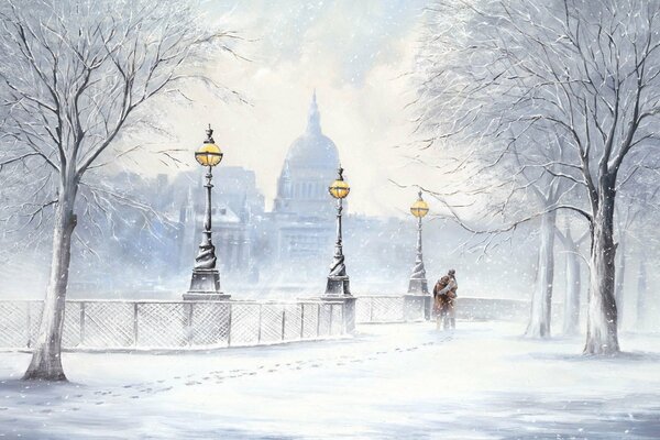 Winter landscape with snow painting