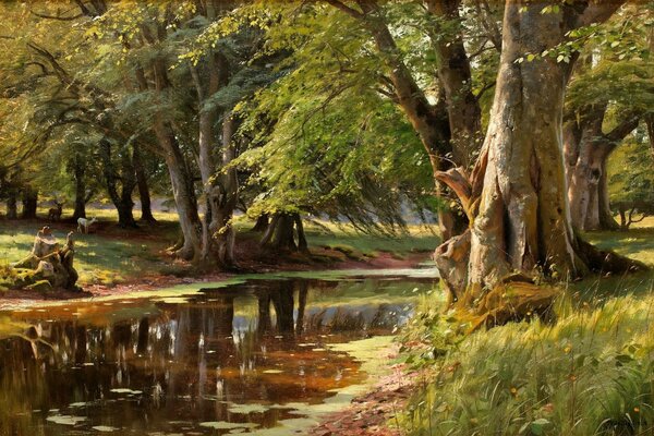 Pittura paesaggio foresta e fiume