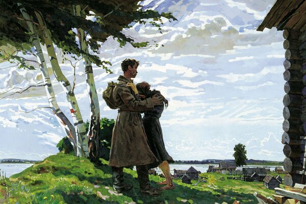 Pittura arte immagine soldato tornato a casa donna abbracciando piangendo