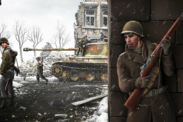 Obraz, na którym mężczyzna stoi za ścianą z bronią, a na ulicy jedzie czołg