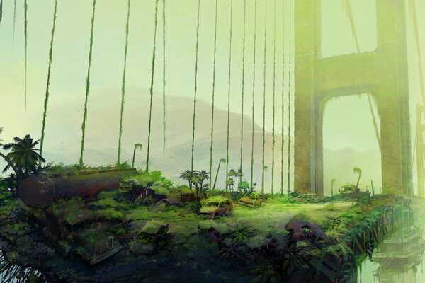 Post-apocalypse, overgrown bridge to the city