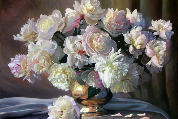 Delicate still life of peonies with fallen petals