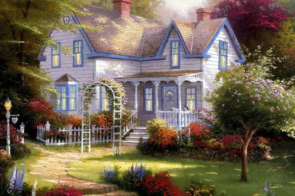 Картина Томаса Кинкейда живописный дом с садом