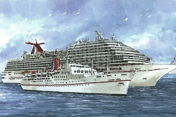 Drawing of two liners at sea