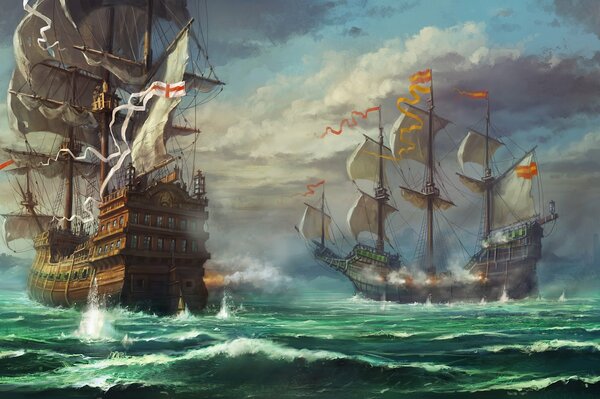 The battle at sea among the sea ships